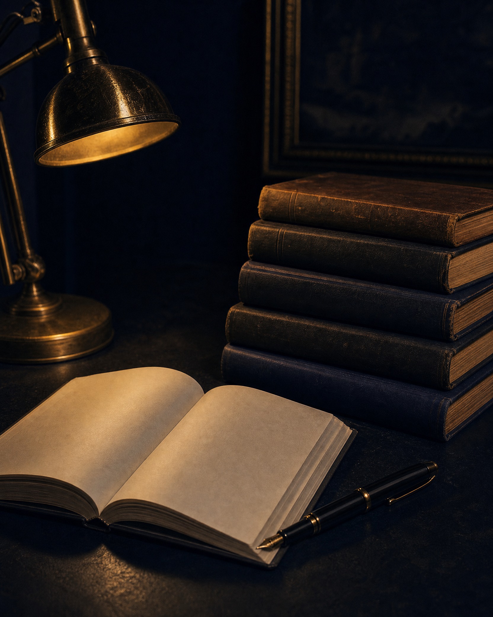 An open book beside a stack of worn hardcovers under a brass desk lamp
