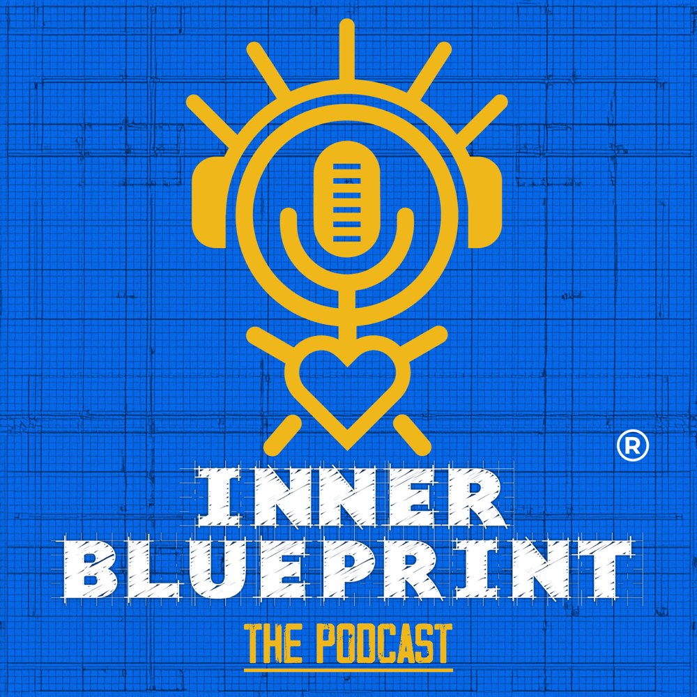 Inner Blueprint Podcast cover art: a golden microphone inside the sun and heart symbol on blueprint blue